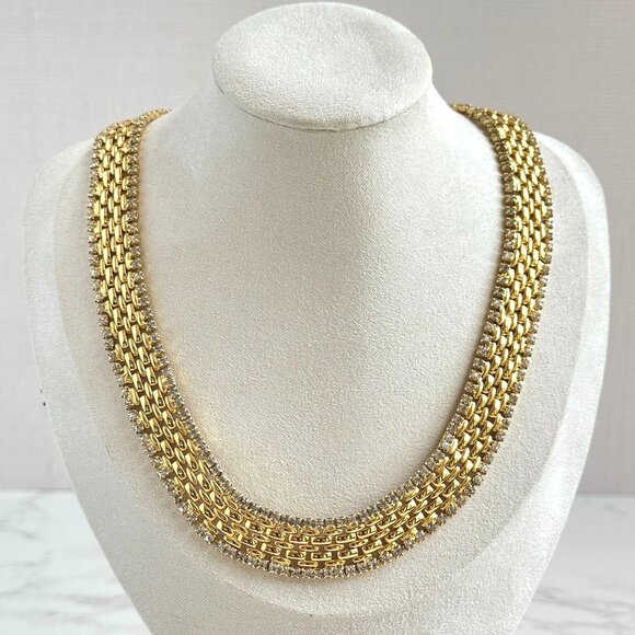 Kenneth Jay Lane Gold Rhinestone Choker Vintage Necklace Signed KJL - Picture 1 of 11